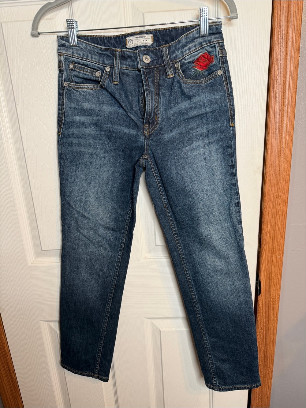 Vintage Embroidered Free People Dark Blue Denim Jeans with Red Rose Patch